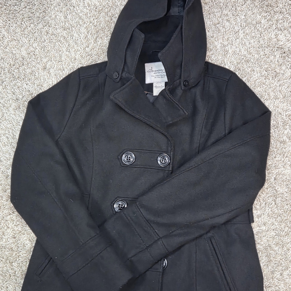 American Rag Cie Womens Large Black Hooded Peacoat‎ Wool Blend Double Breasted